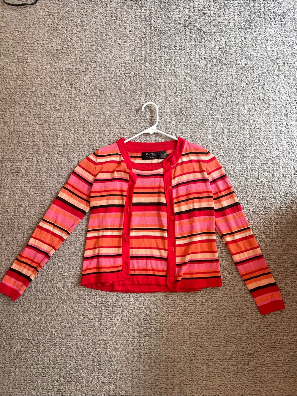 Vintage Dana Buchman Pink Red Orange Striped Cardigan & Shell Set